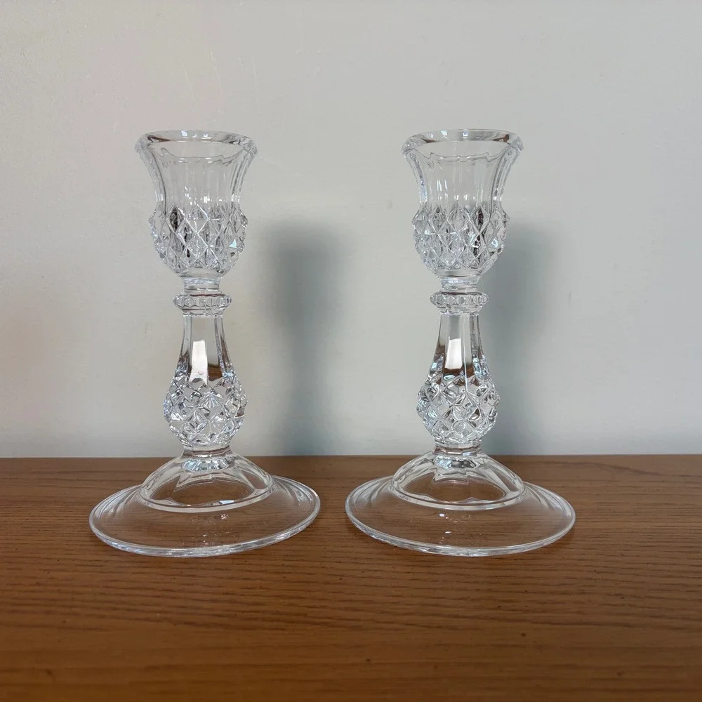 Waterford Crystal Lismore Taper Candlestick Holders Pair Diamond Cut Clear